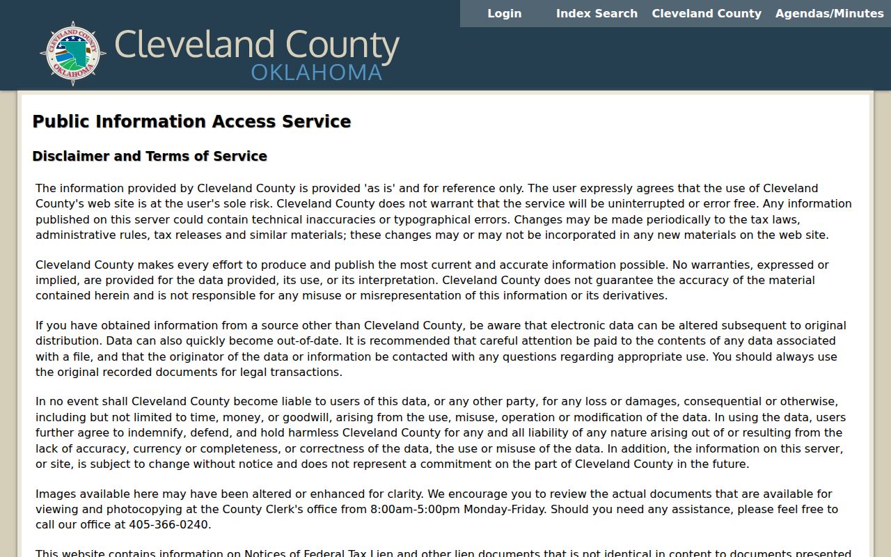 Cleveland County previous residents research showing the County Clerk index disclaimer