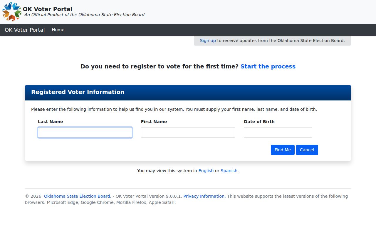 Cleveland County resident lookup image of the Oklahoma voter portal name and date-of-birth search