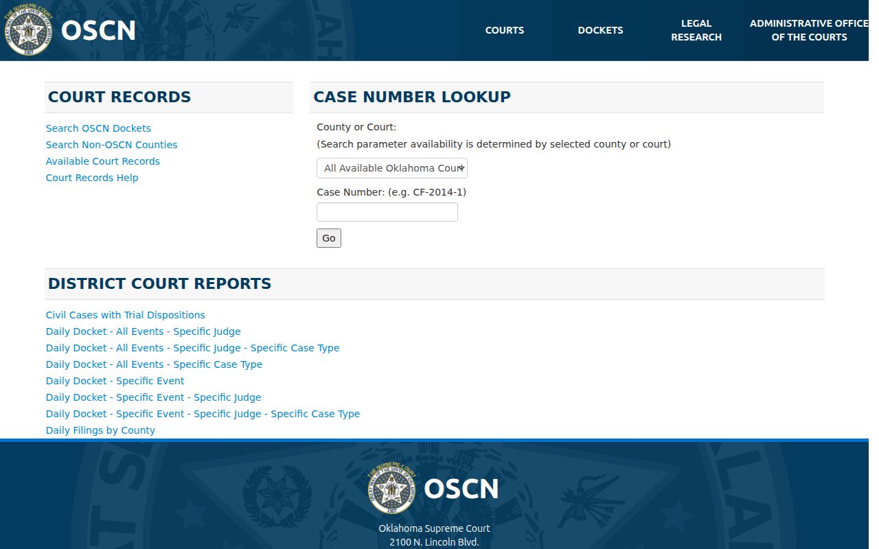 Cleveland County resident lookup image of the Oklahoma State Courts Network docket search hub
